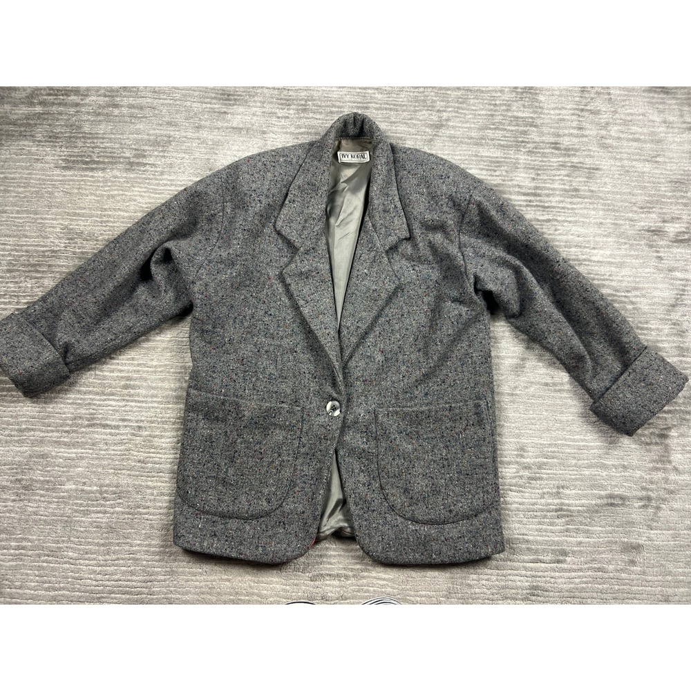 Ivy Koral Blazer Womens M Gray Donegal Tweed Wool Blend Oversized Vintage USA